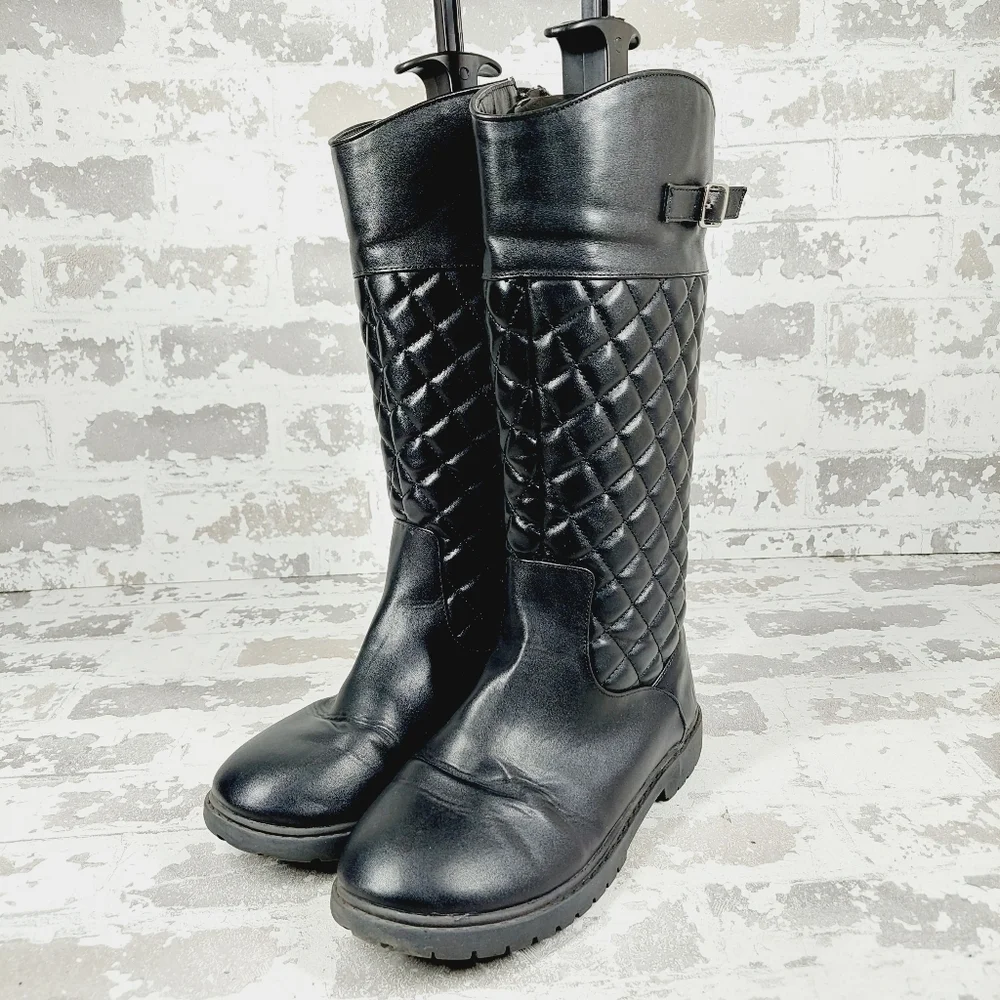 Nordstrom Aubrey Black Faux Leather Quilted Knee High Boots B622